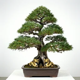 award winning bonsai, 4 m tall 5 m wide, on flowerpot grave with golden dragon, photorealistic, taken in a white studio, 3 5 mm lens, taken in 1 9 8 0 s