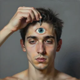 a surreal painting of a man removing a nail from the middle of his forehead where he has a third eye