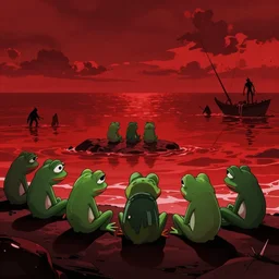 resolution 4k dynamic shading dynamic lighting dreaming of a better tomorrow made in abyss design Akihito Tsukushi design body pepe the frog S.T.A.L.K.E.R conflict ,haunting, sitting by an ocean of red the group of pepes sitting paradise ,eradication, pogrom , pepe the frogs at war, art in the style of and Oleg Vdovenko and Akihito Tsukushi ,Kentarou Miura