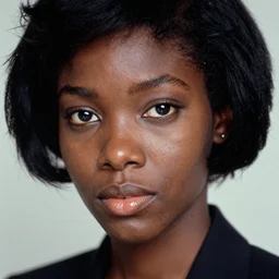 ektachrome, 3 5 mm, highly detailed : incredibly realistic, youthful african demure, perfect features, feminine cut, beautiful three point perspective extreme closeup 3 / 4 portrait photo in style 1 9 8 0 s frontiers in flight suit cosplay vogue italia, nick knight