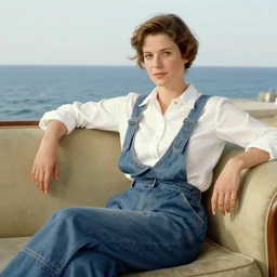 mary elizabeth winstead sitting on a couch, next to the sea, wearing a white button up shirt with overalls, painted by jc leyendecker!!, vintage!!