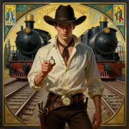 a dramatic ethereal epic symmetrical painting of a handsome villainous cowboy standing in front of railroad tracks with a train locomotive | his shirt is unbuttoned and he has a pocketwatch | tarot card, art deco, art nouveau, ( steampunk ), homoerotic. highly detailed painting by gaston bussiere, craig mullins, j. c. leyendecker 8 k