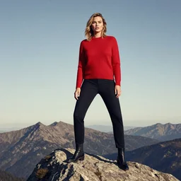 kate upton standing on top of the mountain, wearing sweater, red and black color palette, in the style of wlop and greg rutkowski and ilya kuvshino