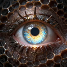 reaper reflection in the eye of an undead god, studio portrait, honeycomb structure background, intricate detail, high precision, glowing light, whealan,