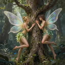 a male fairy and a female fairy turn into a tree, highly detailed, digital painting, sharp focus, fantasy art, ultra realistic, 4 k