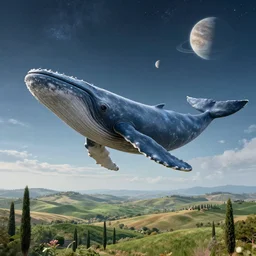 highly detailed cinematic scifi render of flying whales over the tuscany skies, cypresses and hills, stars and planets, hyper detailed, digital art, cinematic lighting, studio quality, smooth render, unreal engine 5 rendered, octane rendered, art style by klimt and nixeu and ian sprigger and wlop and krenz cushart, artstation unreal.