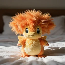 photograph of a diglett plushy on bedding, fluffy plush, vibrant color photo