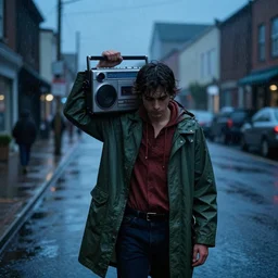 a guy holding up a boombox cassette player, lonely street, heavy rain, dressed in a raincoat, pinterest contest winner, american romanticism, fashion of the 1 9 8 0's, sadpeople aesthetic, retro, blue hour, rich moody colors