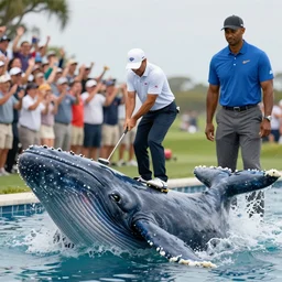 highly detailed winning photo of a midget golfer riding a beached whale. the crowd is cheering him as tiger woods looks on in defeat. highly detailed render, photorealistic, photography