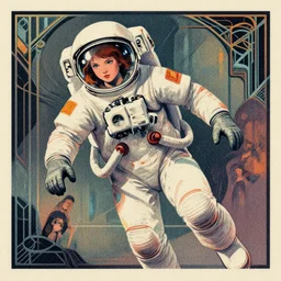 ( ( strong dither ) ), editorial illustration of a young astronaut girl, colorful, modern art deco, ( ( mads berg ) ), christopher balaskas, victo ngai, strong texture, dynamic composition, detailed, dramatic lighting, matte print, dynamic perspective, muted color, lomography, muted colors, halftone, risograph