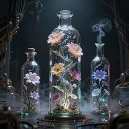 immortal flowers in glass bottles, spiral, unreal engine, global illumination, smoke, detailed and intricate environment, mysterious, in the style of aetherpunk