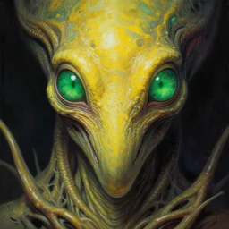 close up sci - fi cosmic horror art simon stalenhag reptile emerald eyes, yellow skin, intricate, elegant, highly detailed, centered, digital painting, concept art, smooth, sharp focus, illustration, artgerm, tomasz alen kopera, peter mohrbacher, donato giancola, joseph christian leyendecker, wlop, frank frazetta