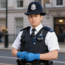 A British police officer in London, wearing hivis and blue rubber gloves, anime art style, highly detailed, ambient lighting
