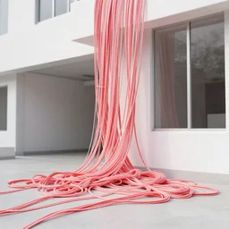 photo of taffy candy string strewn around a building