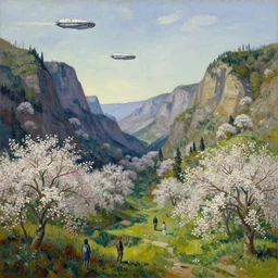a valley with trees in flower and spaceships flying in the sky. full - length, oil painting in a modern style, very detailed, painted by caravaggio, greg rutkowski, sachin teng, thomas kindkade, enki bilal, tony sandoval, norman rockwell, tom bagshaw.