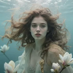 character art of a goddess of magnolias as windy dusty underwater angelic young female | | seductive - fine - face, pretty face, key visual, realistic shaded perfect face, fine details by artgerm, wlop, nekro, james jean, andrei riabovitchev, marc simonetti, trending on artstation
