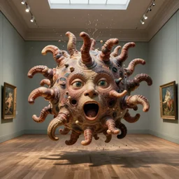 a teratoma exploding in the middle of a museum room realizing that he has consciousness painted by james ensor