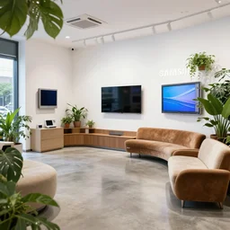 hyperdetailed vintage samsung store, polished concrete, white walls, digital screens, curved furniture, lush plants.
