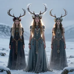 beautiful female character inspired by iceland and floral headdress pagan wiccan viking snow covered antlers headdress icicles full body | | digital artwork made by greg rutswork, anna dittmann and lois van barlee, symmetrical rim light, anatomically correct