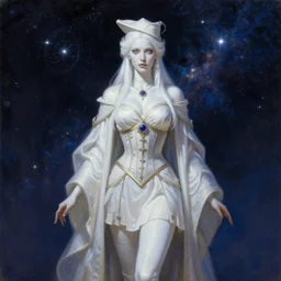 painting of sexy astromancer woman in the starry sky, beautiful face, white skin, long robes and short skirt, corset, small hat, astronomy, high fantasy, dnd, sharp focus, award - winning, masterpiece, extremely detailed, intricate. art by rebecca guay