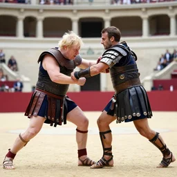 establishing shot of a gladiator arena duel fight, boris johnson wrestles emmanuel macron