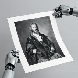 a photographic print being stretched by two robotic hands in style of goya