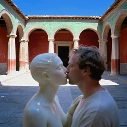 out of focus, head to shoulders kiss, photography by saul leiter and ernst haas, translucent white skin, in an empty decorated pompeii court, airforce blue, red, bright pale green