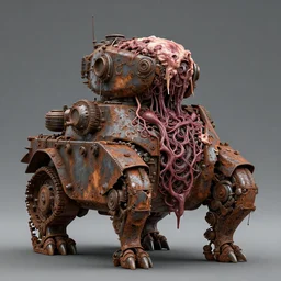 technobiological rusty battle tank tower walks on paws. consisting of ripped flesh and iron and veins and entrails. biopunk, bodyhorror, very rust, high detail, photorealism, full length view, octane render, cgsociety