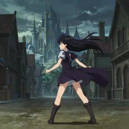 anime frames, anime visual, full body portrait of a young woman in the medieval city square looking at the fantasy palace in the distance, cute face by ilya kuvshinov, dynamic pose, dynamic perspective, rounded eyes, moody, psycho pass, kyoani, yoh yoshinari