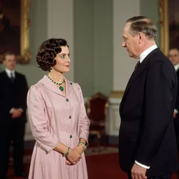 a queen with tan skin, short, rippling dark cinnamon hair, and emerald eyes is shown meeting with the prime minister in a long, medium full shot, german and eastern european mix kodachrome slide. in a vintage historical fantasy photograph from 1 9 3 2, she is shown donning a pink outfit and green jewels.