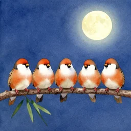 a watercolour painting of a row of fat bearded reedlings sitting on a branch in the moonlight