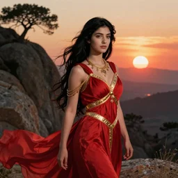 portrait of circe, the daughter of the sun god, she wears a billowing red dress with gold trim and a gold necklace, her long black hair cascades down her back, rocky landscape with a few trees in the background, the sun is setting in the distance,
