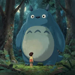 boy discovers a monster in a forest, painting by studio ghibli, cgsociety. the boy is small, the monster is huge and fluffy and cute, the forest is misty and moonlit