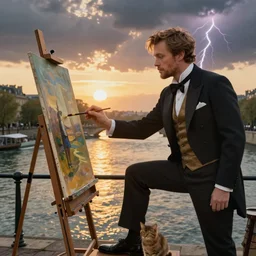 clean shaven mcgregor is dressed as a gentleman at early 2 0 th century paris. he is watching an easel. that easel has a canvas on it. ewan mcgregor has a brush on his hand. he is painting a painting. there is a small brown cat with yellow eyes on ewan mcgregors feet. on background has river seine, morning sun, golden lights, dark clouds, lightning, by yoji shinkawa