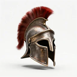 weathered gladiator helmet, commercial catalog photo, isolated on a pure white background, centered, entire object in frame, sharp focus, soft studio lighting