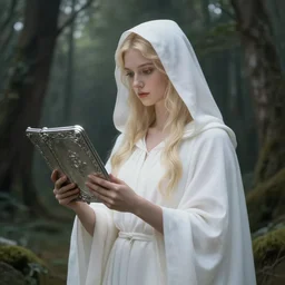 the goddess of memory holding silver tablets in a forest, white hood, white robes, blonde, fantasy, magical, realistic and detailed, spiritual, supernatural, intricate, elegant, highly detailed, digital painting, trending on artstation, by wlop, 4 k octane render