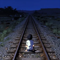 anime girl with short black hair, sits on an abandoned railway track leading to the end of the world, at midnight, clear sky, view from above, detailed concept art illustration by akihiko yoshida and jean baptiste monge and makoto shinkai and wlop and and tsutomu nihei, 4 k artstation