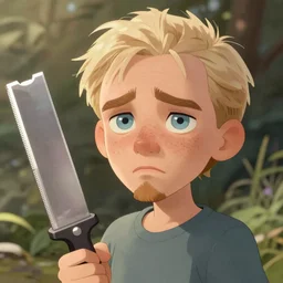 art young lenin with big razor blade, light blue eyes, pale skin, freckles, sad expression, t - shirt, modern casual clothing, natural lighting, path traced, highly detailed, high quality, cartoon, digital painting, by don bluth and ross tran and studio ghibli and alphonse mucha