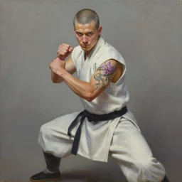 A detailed matte oil on canvas painting of a young white male martial artist monk, orchid arm tattoos,  fight stance by greg rutkowski and Charlie bowater, trending on artstationhd,  dungeons and dragons art