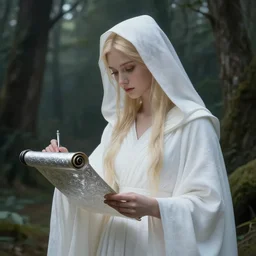 portrait of the goddess of memory writing on a silver scroll in a forest, white hood, white robes, blonde, fantasy, magical, realistic and detailed, spiritual, supernatural, intricate, elegant, highly detailed, digital painting, trending on artstation, by wlop, 4 k octane render