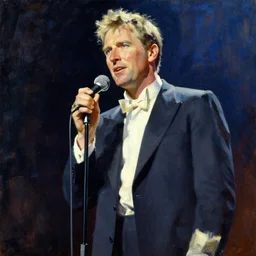 kramer holding a microphone on stage, painting by jc leyendecker!! phil hale!, angular, brush strokes, painterly, vintage, crisp
