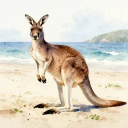a kangaroo at the beach, watercolor