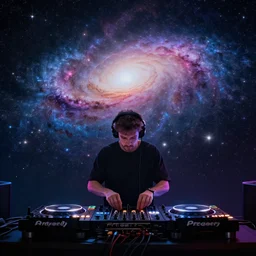 Wide shot of a man djing under the galaxy, digital art, artstation, hyperrealistic, 4k, unreal engine, octane render, trending on artstation, art by Artgerm and Greg Rutkowski and Alphonse Mucha