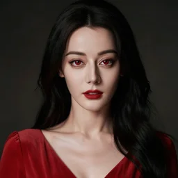 portrait of a woman with long black hair and red eyes, wearing a red dress, 8k, photography, professional, detailed face, beautiful, cinematic lighting, film, high quality, depth of field, dark colors,