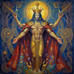 the sacred spirit king by GEOGLYPHIKS by FABIÁN JIMÉNEZ by MICHAEL DIVINE by AMANDA SAGE in the style of oil painting visionary art, intricate oil painting artwork. , trending on artstation, greg rutkowski very coherent symmetrical artwork, oil painting