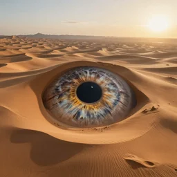 wide!!! landscape photo of a desert that mimics the shape and macro detail pupil!! and iris!!!, high detail, drone photo, golden hour, medium format