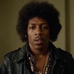 a noir film still of rapper Future starring as Jimi Hendrix, shallow depth of field, close up, 40mm