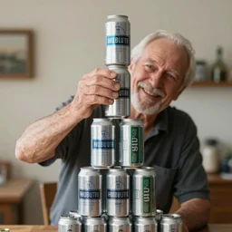 a happy old man stacking his beer cans as high as possible making it into a tower, realistic photo, 4k
