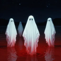 ghosts on the middle of lake, red liquid mood, night sky, stars, by stanley kubrick