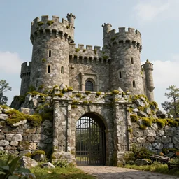 a beautiful realistic detailed castle carved in a stone, gate, surreal, surrounded by mold and moss, photorealistic, octane render, volumetric lighting,